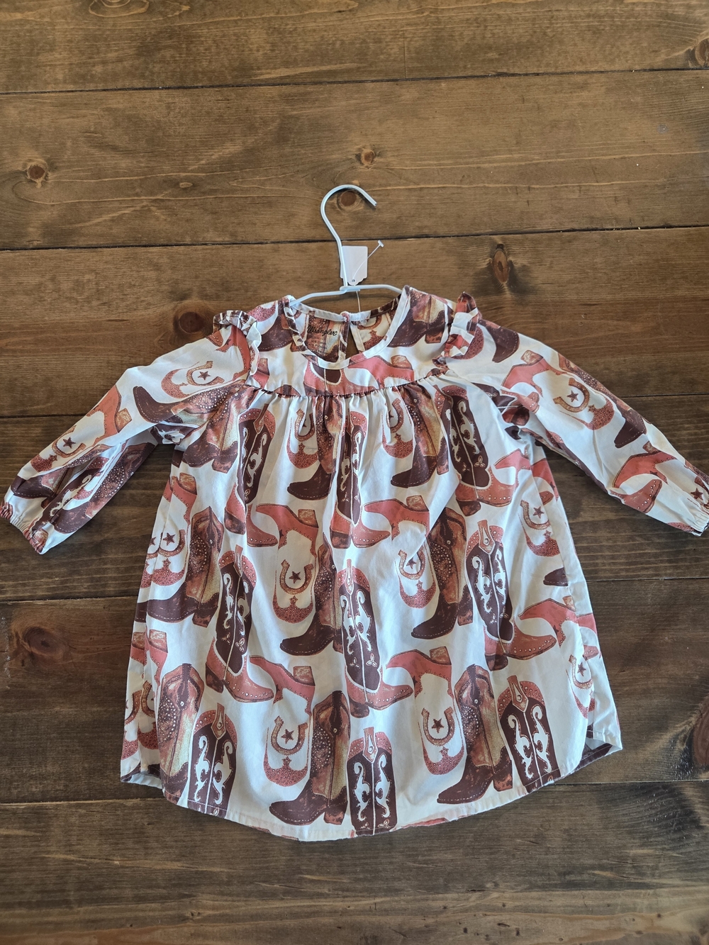 Wrangler White Dress with Pink & Brown Cowboy Boot Print